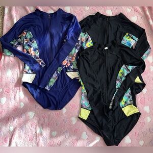 THREE One Piece Long Sleeve Black Navy Blue Cute Pattern Swimsuit Bundle size XL